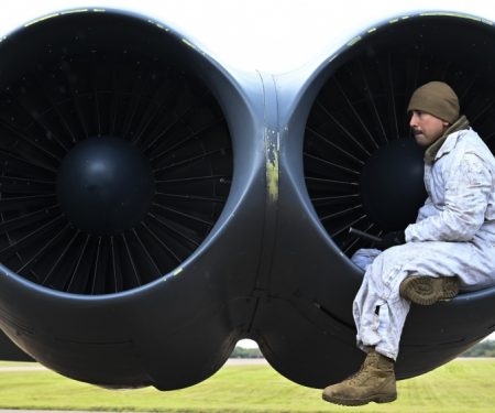 SSgt. Stephen Zbinovec inspects the inside of the engine of a B-52H Stratofortress at RAF Fairford, England, Oct. 18, 2019. Air Force photo by SrA. Stuart Bright.