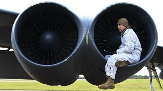 SSgt. Stephen Zbinovec inspects the inside of the engine of a B-52H Stratofortress at RAF Fairford, England, Oct. 18, 2019. Air Force photo by SrA. Stuart Bright.