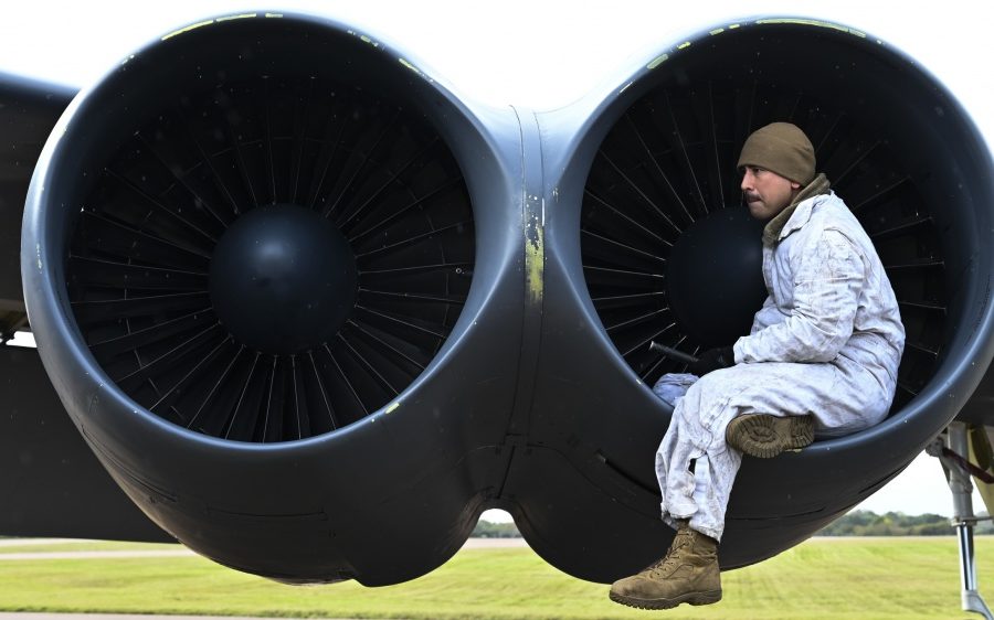 SSgt. Stephen Zbinovec inspects the inside of the engine of a B-52H Stratofortress at RAF Fairford, England, Oct. 18, 2019. Air Force photo by SrA. Stuart Bright.