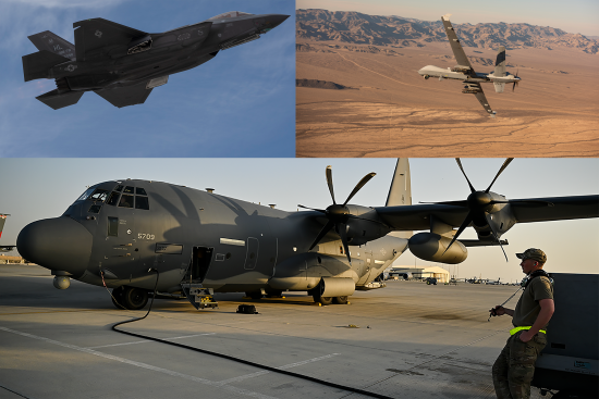 F-35A, MQ-9 Reaper, and C-130J