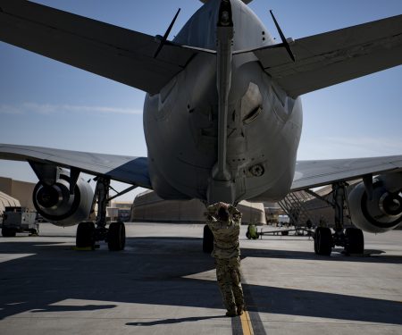 Deployed KC-10 refuels F-15 Strike Eagles