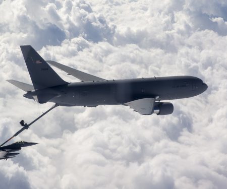 F-16 Fighting Falcon receives fuel from KC-46 Pegasus