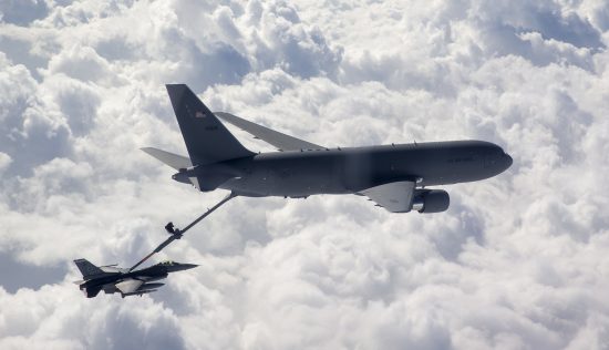 F-16 Fighting Falcon receives fuel from KC-46 Pegasus