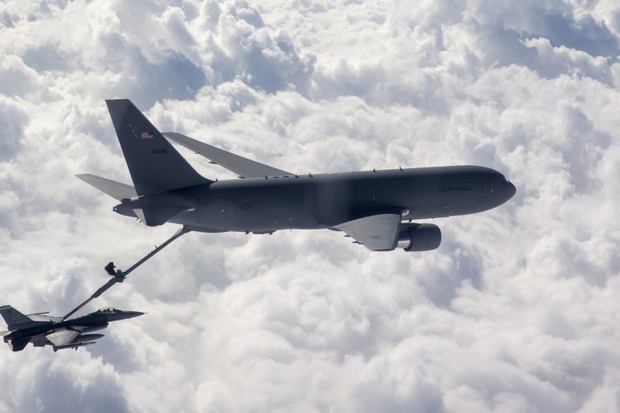 F-16 Fighting Falcon receives fuel from KC-46 Pegasus