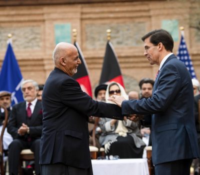 SecDef Esper Shakes Hands with President Ghani at U.S.-Afghanistan Joint Declaration Announcement