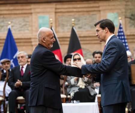 SecDef Esper Shakes Hands with President Ghani at U.S.-Afghanistan Joint Declaration Announcement