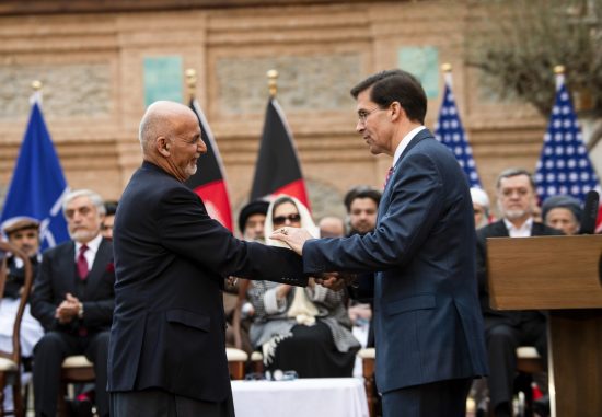 SecDef Esper Shakes Hands with President Ghani at U.S.-Afghanistan Joint Declaration Announcement