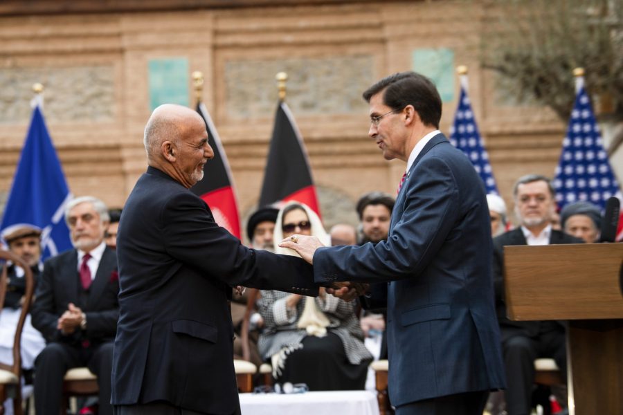 SecDef Esper Shakes Hands with President Ghani at U.S.-Afghanistan Joint Declaration Announcement