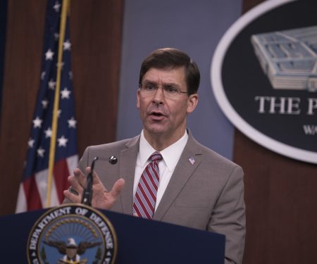 Esper Briefs Reporters at Pentagon