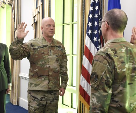 Chief Master Sgt. Roger Towberman is sworn in as the first Senior Enlisted Advisor to the U.S. Space Force.