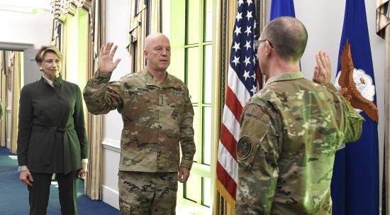 Chief Master Sgt. Roger Towberman is sworn in as the first Senior Enlisted Advisor to the U.S. Space Force.