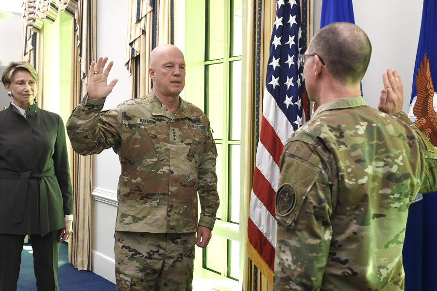 Chief Master Sgt. Roger Towberman is sworn in as the first Senior Enlisted Advisor to the U.S. Space Force.