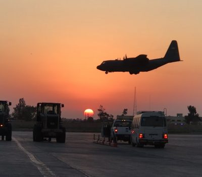 A C-130 Hercules aircraft lands at Camp Taji, Iraq, Aug. 22, 2019. The base was recently transferred to the Iraqi Security Forces Aug. 23, 2020, as Combined Joint Task Force-Operation Inherent Resolve continued the long-range plans of the Coalition and Government of Iraq to defeat the remnants of Daesh. (Courtesy photo)
