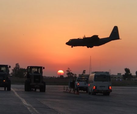 A C-130 Hercules aircraft lands at Camp Taji, Iraq, Aug. 22, 2019. The base was recently transferred to the Iraqi Security Forces Aug. 23, 2020, as Combined Joint Task Force-Operation Inherent Resolve continued the long-range plans of the Coalition and Government of Iraq to defeat the remnants of Daesh. (Courtesy photo)