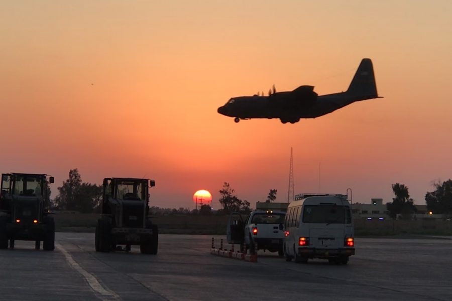 A C-130 Hercules aircraft lands at Camp Taji, Iraq, Aug. 22, 2019. The base was recently transferred to the Iraqi Security Forces Aug. 23, 2020, as Combined Joint Task Force-Operation Inherent Resolve continued the long-range plans of the Coalition and Government of Iraq to defeat the remnants of Daesh. (Courtesy photo)