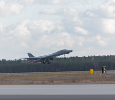 Bomber Task Force hot-pit refuels in Poland