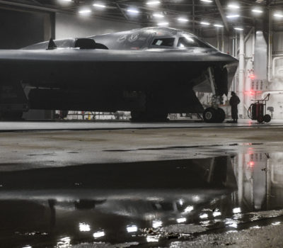 A B-2 Spirit Stealth and 393rd Aircraft Maintenance Squadron crew chiefs prepares for a training sortie