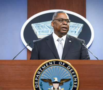 Secretary of Defense Lloyd J. Austin III briefs the press