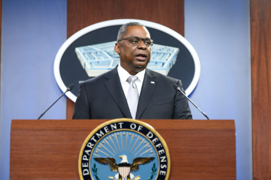 Secretary of Defense Lloyd J. Austin III briefs the press