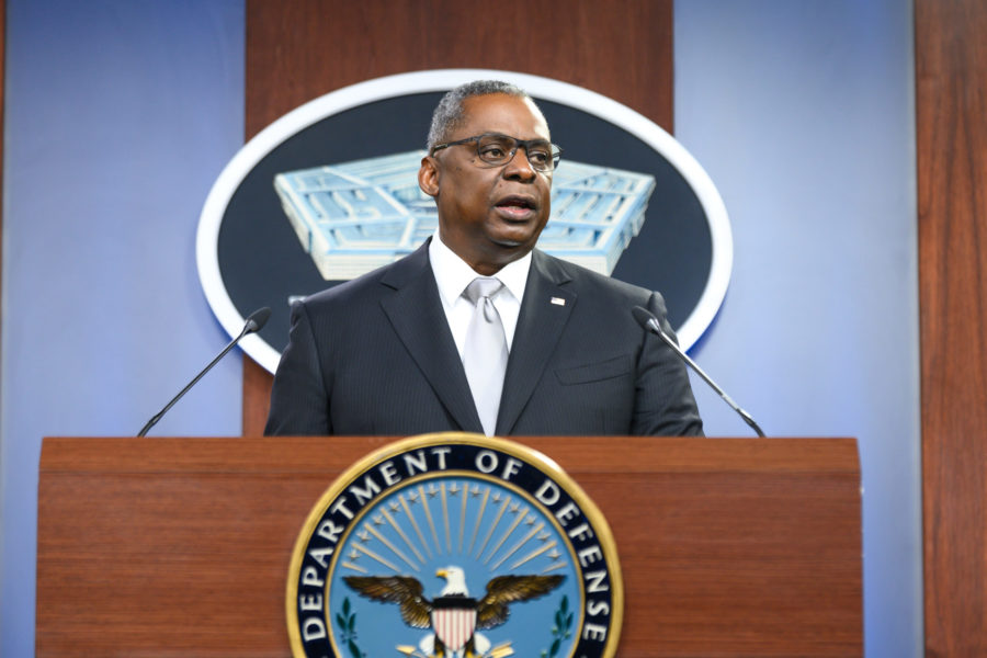 Secretary of Defense Lloyd J. Austin III briefs the press