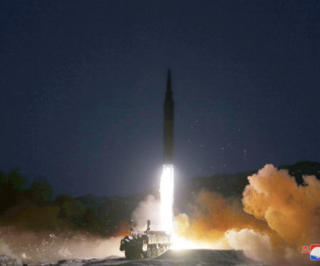 A North Korean hypersonic missile is launched from an undisclosed location on Jan. 11, 2022. Korean Central News Agency.