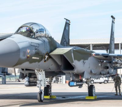 An F-15E from the 4th Fighter Wing at Seymour Johnson Air Force Base, N.C., decorated with a special paint job to honor the unit’s World War II heritages. Photo from Facebook/Seymour Johnson Air Force Base