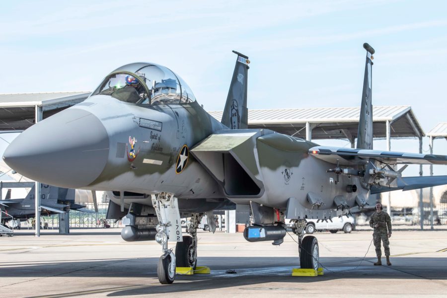 An F-15E from the 4th Fighter Wing at Seymour Johnson Air Force Base, N.C., decorated with a special paint job to honor the unit’s World War II heritages. Photo from Facebook/Seymour Johnson Air Force Base