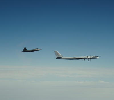 An F-22 Raptor assigned to Joint Base Elmendorf-Richardson, Alaska intercepts a Russian Tu-95 Bear on June 9, 2020. NORAD
