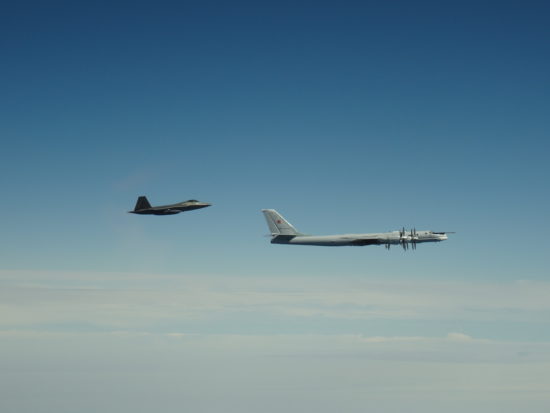 An F-22 Raptor assigned to Joint Base Elmendorf-Richardson, Alaska intercepts a Russian Tu-95 Bear on June 9, 2020. NORAD