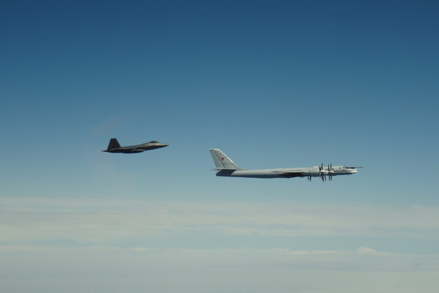 An F-22 Raptor assigned to Joint Base Elmendorf-Richardson, Alaska intercepts a Russian Tu-95 Bear on June 9, 2020. NORAD