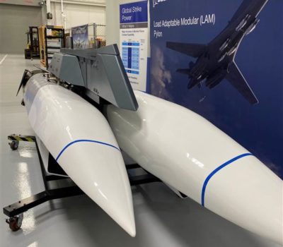 A model of the Boeing Load Adaptable Modular Pylon for the B-1 Lancer is displayed in Oklahoma City.