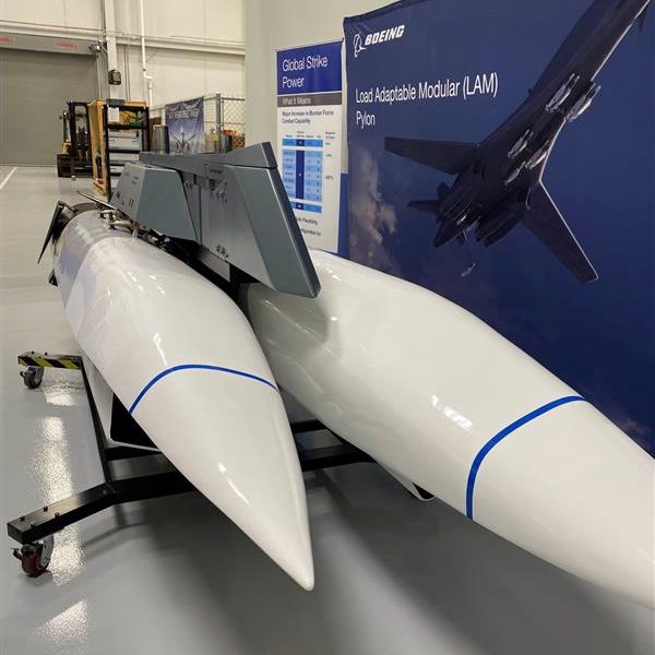 A model of the Boeing Load Adaptable Modular Pylon for the B-1 Lancer is displayed in Oklahoma City.