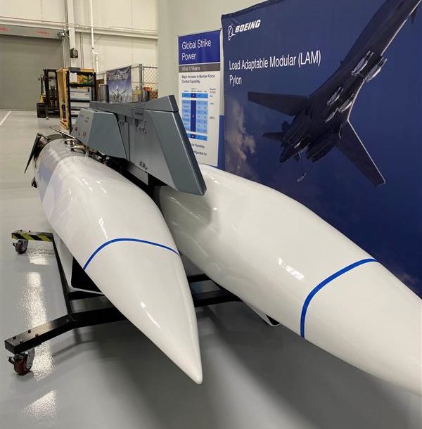 A model of the Boeing Load Adaptable Modular Pylon for the B-1 Lancer is displayed in Oklahoma City.