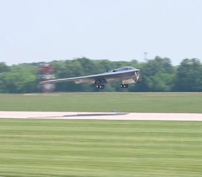 A B-2 Spirit takes off from Whiteman Air Force Base, Mo. Screenshot from Air Force Global Strike Command/Twitter