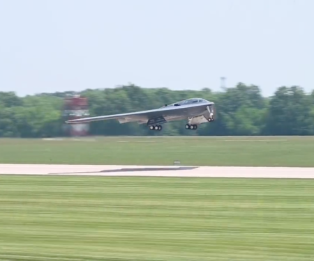A B-2 Spirit takes off from Whiteman Air Force Base, Mo. Screenshot from Air Force Global Strike Command/Twitter