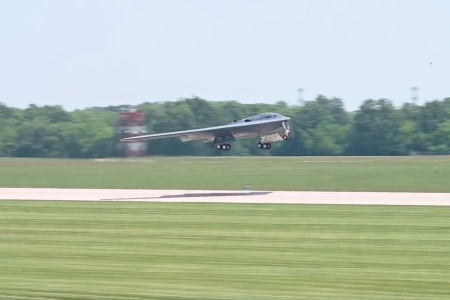 A B-2 Spirit takes off from Whiteman Air Force Base, Mo. Screenshot from Air Force Global Strike Command/Twitter