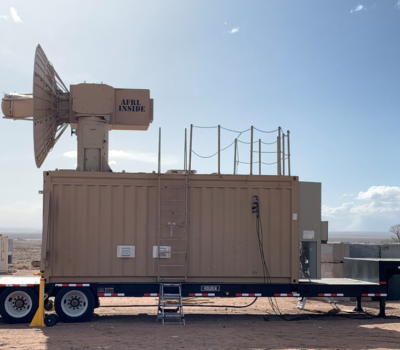 The Tactical High-power Operational Responder, or THOR, a high-powered microwave counter drone weapon, stands ready to demonstrate its effectiveness against a swarm of multiple targets at the Air Force Research Laboratory, or AFRL, Chestnut Test Site, Kirtland Air Force Base, N.M., April 5, 2023. AFRL completed a successful demonstration of THOR simulating a real-world swarm attack. This was the first test of this scale in AFRL history. U.S. Air Force photo / Adrian Lucero