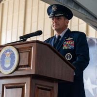 U.S. Air Force Brig. Gen. Christopher Amrhein, commander of Air Force Recruiting Service, speaks after taking command of AFRS during a change of command ceremony at Joint Base San Antonio-Randolph, Texas, June 2, 2023. U.S. Air Force Photo by Airman 1st Class Gabriel Jones