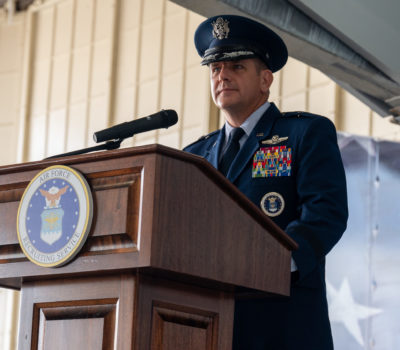 U.S. Air Force Brig. Gen. Christopher Amrhein, commander of Air Force Recruiting Service, speaks after taking command of AFRS during a change of command ceremony at Joint Base San Antonio-Randolph, Texas, June 2, 2023. U.S. Air Force Photo by Airman 1st Class Gabriel Jones