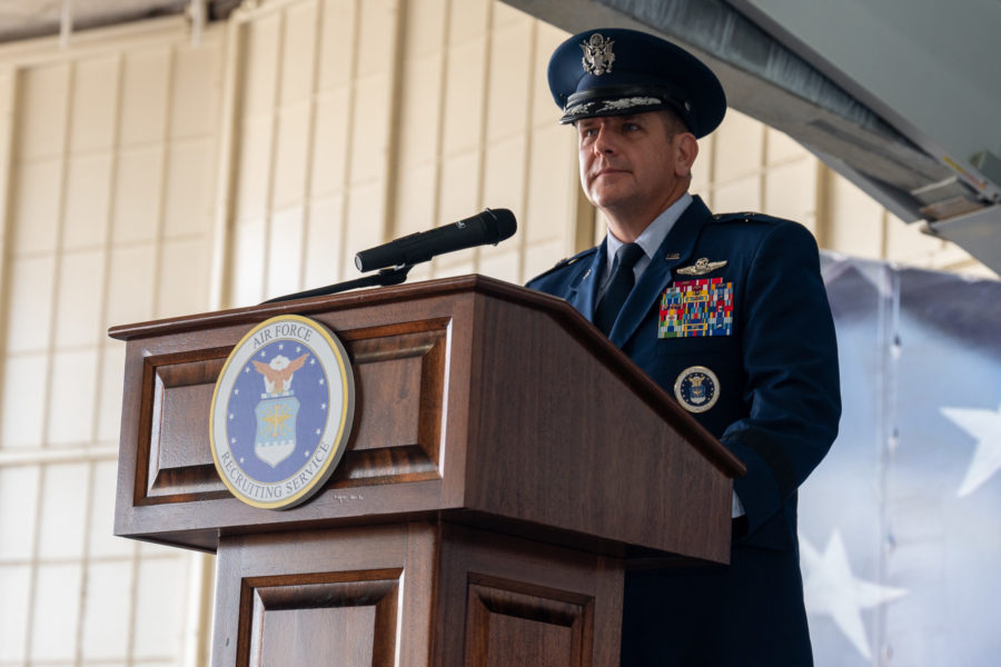 U.S. Air Force Brig. Gen. Christopher Amrhein, commander of Air Force Recruiting Service, speaks after taking command of AFRS during a change of command ceremony at Joint Base San Antonio-Randolph, Texas, June 2, 2023. U.S. Air Force Photo by Airman 1st Class Gabriel Jones