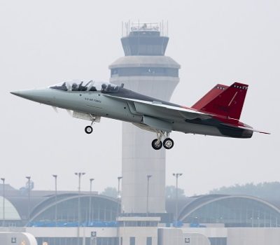 A production-representative T-7A advanced trainer flew June 28, 2023 with Air Force pilot Maj. Bryce Turner, director of the T-7 combined test force, at the controls.