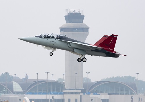 A production-representative T-7A advanced trainer flew June 28, 2023 with Air Force pilot Maj. Bryce Turner, director of the T-7 combined test force, at the controls.