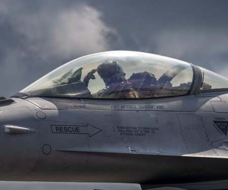 A U.S. Air Force F-16 Fighting Falcon pilot with the 55th Fighter Squadron, Shaw Air Force Base, South Carolina, poses for a photo during Weapons System Evaluation Program-East 23.08 at Tyndall AFB, Florida, May 17, 2023.