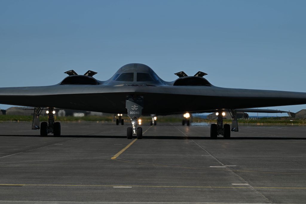 Two B-2 Spirits from Whiteman Air Force Base, Mo., arrive in Keflavik, Iceland to participate in a Bomber Task Force Europe operation with NATO allies, Aug. 13, 2023.