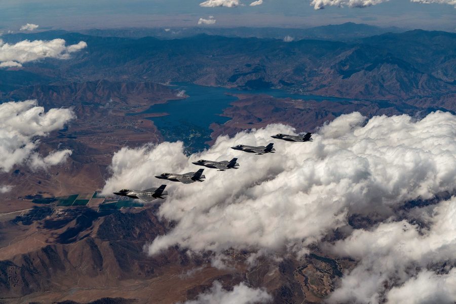 Edwards F-35 Integrated Test Flight test pilots fly a Technical Refresh 3 (TR-3) flight test at Edwards Air Force Base, Calif., in August. Five aircraft, equipped with TR-3 hardware and software, flew together, and represented a continuation of the extensive flight test campaign underway. TR-3 provides the computational horsepower to support modernized Block 4 capabilities and ensure the F-35 remains superior to adversaries for decades to come. (Photo courtesy of Lockheed Martin/Darin Russell)