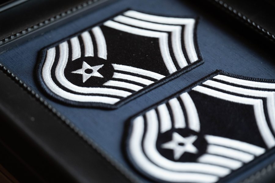 Two senior non-commissioned officers are promoted to the rank of chief master sergeant during a ceremony at Hulman Field Air National Guard Base in Terre Haute, Ind., June 3, 2023.