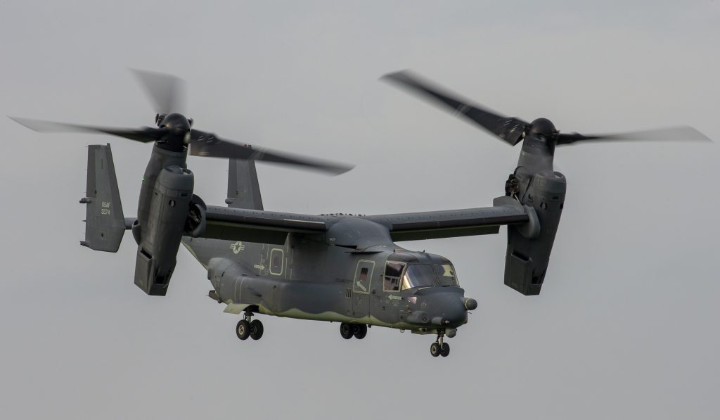 A CV-22 Osprey assigned to the 21st Special Operations Squadron flies over Yokota Air Base, Japan, June 15, 2020.