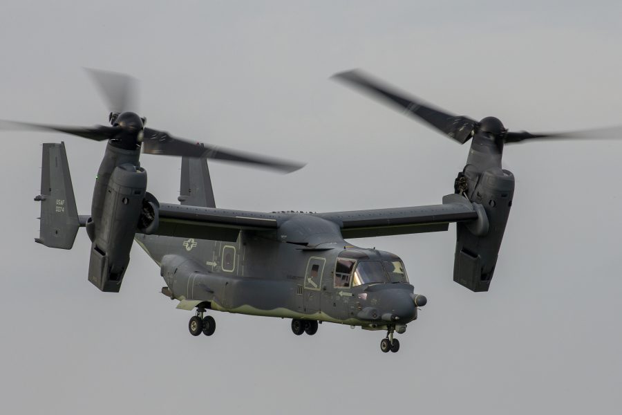 A CV-22 Osprey assigned to the 21st Special Operations Squadron flies over Yokota Air Base, Japan, June 15, 2020.