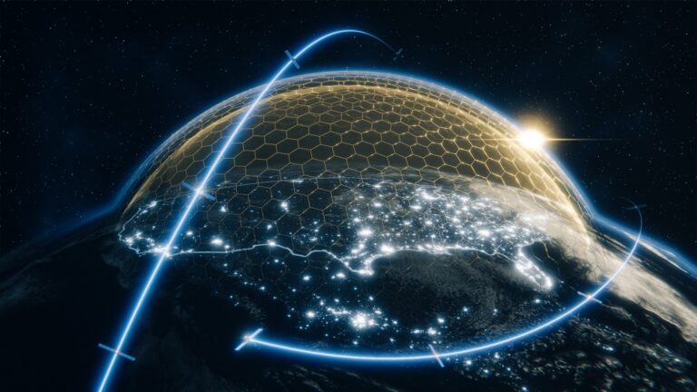 Illustration of glowing arcs forming a dome over Earth at night